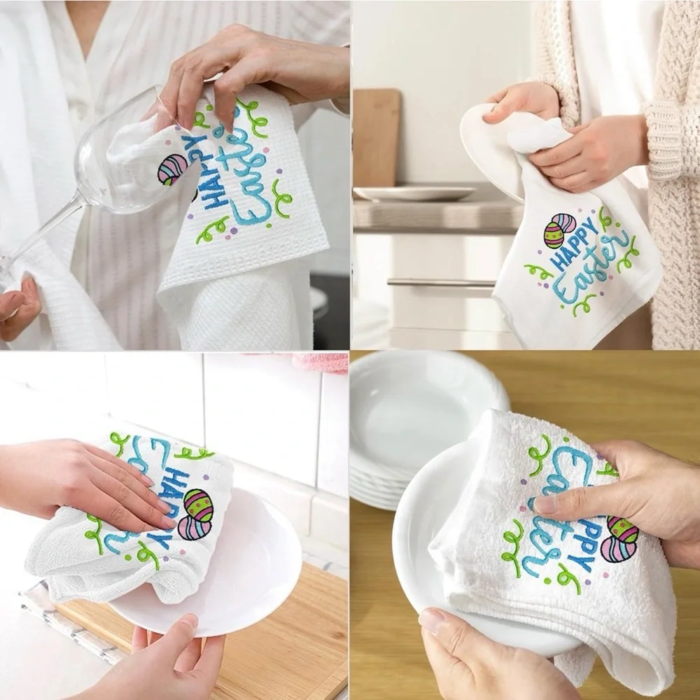 Happy Easter Embroidered White Hand Towels Set of 2